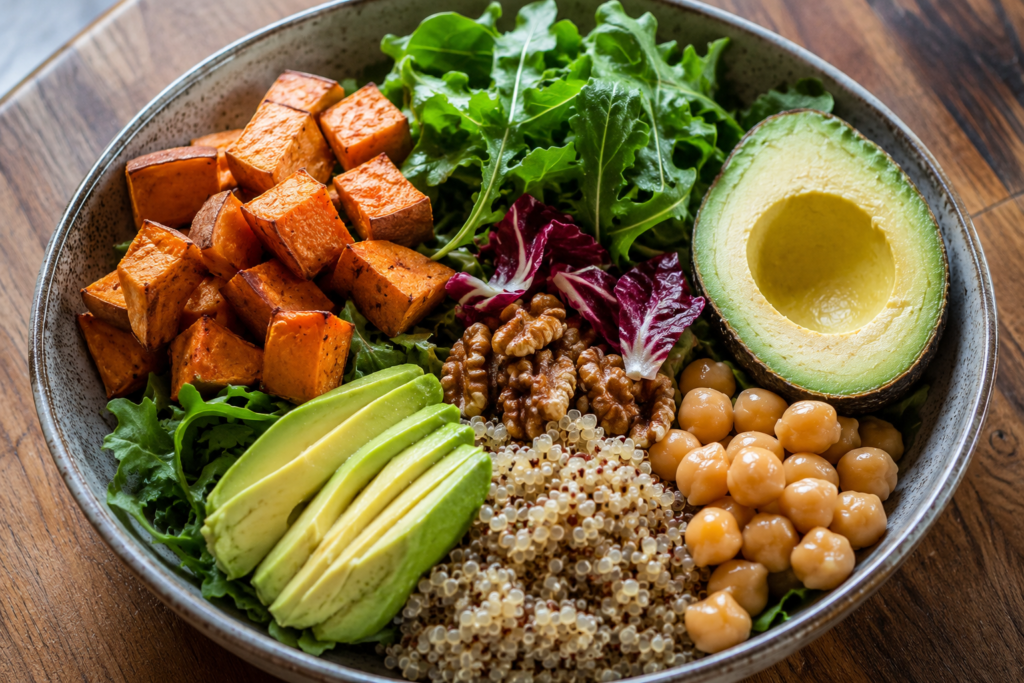 Assiette illustrant une alimentation durable et végétale