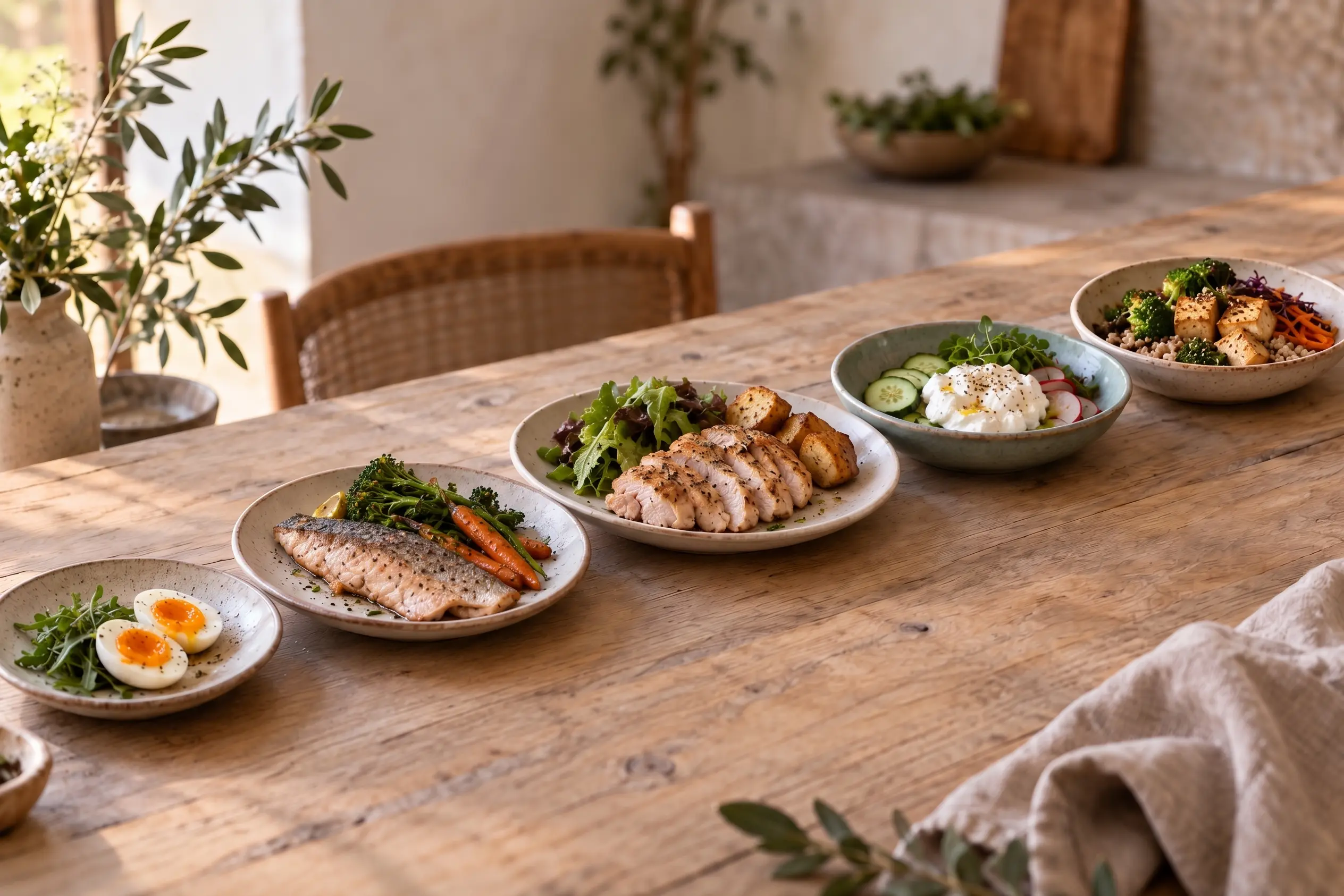 Plusieurs assiettes alignées sur une table, composées de différentes sources et quantités de protéines.
