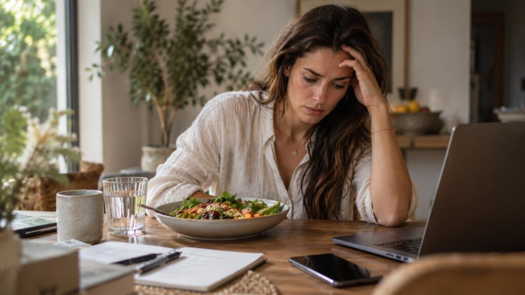 Femme stressée devant son repas, illustrant l’impact du système nerveux sur la digestion